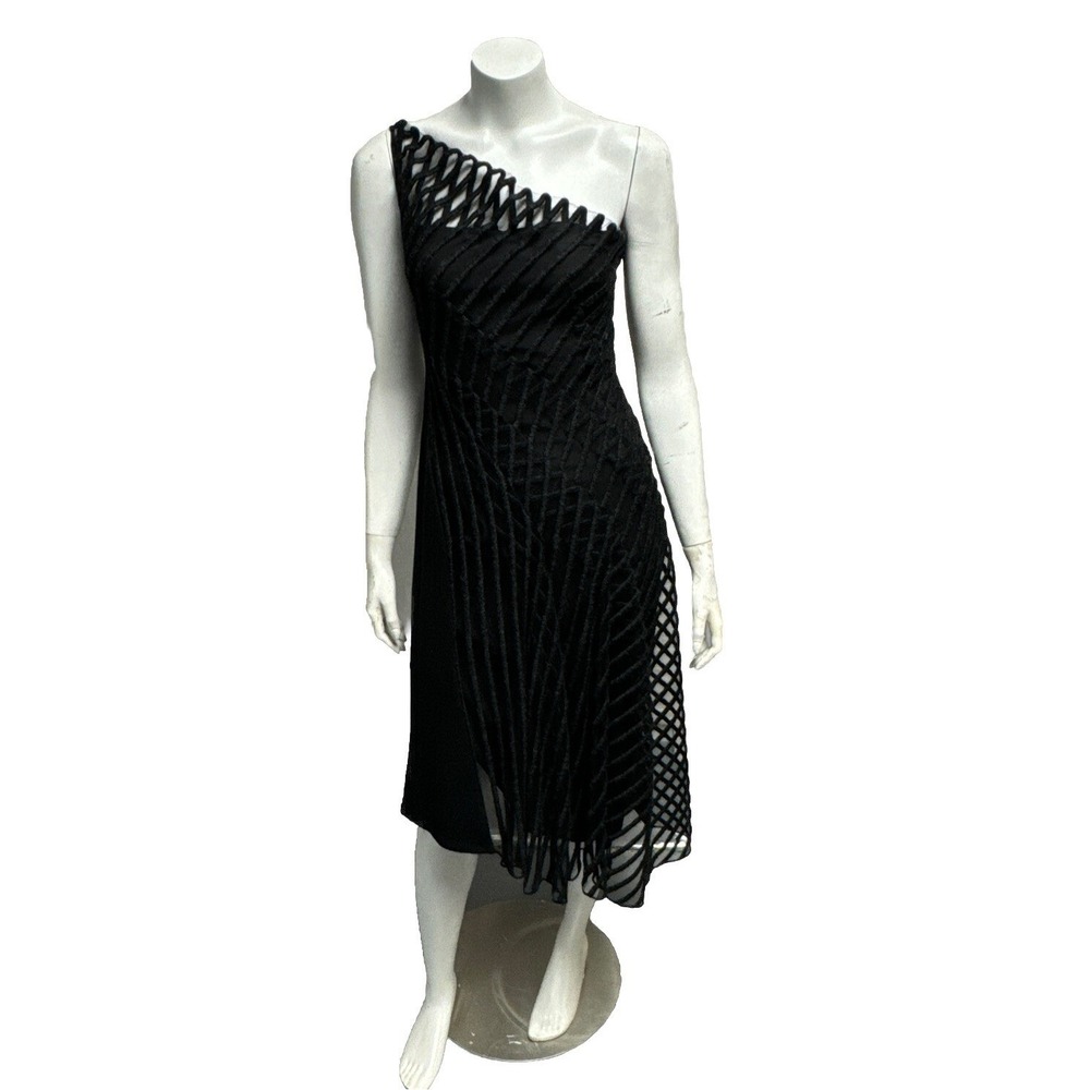 Robert DANES Asymmetrical Striped Tulle‎ Dress 6 Charcoal Sheer Wool $4080 READ